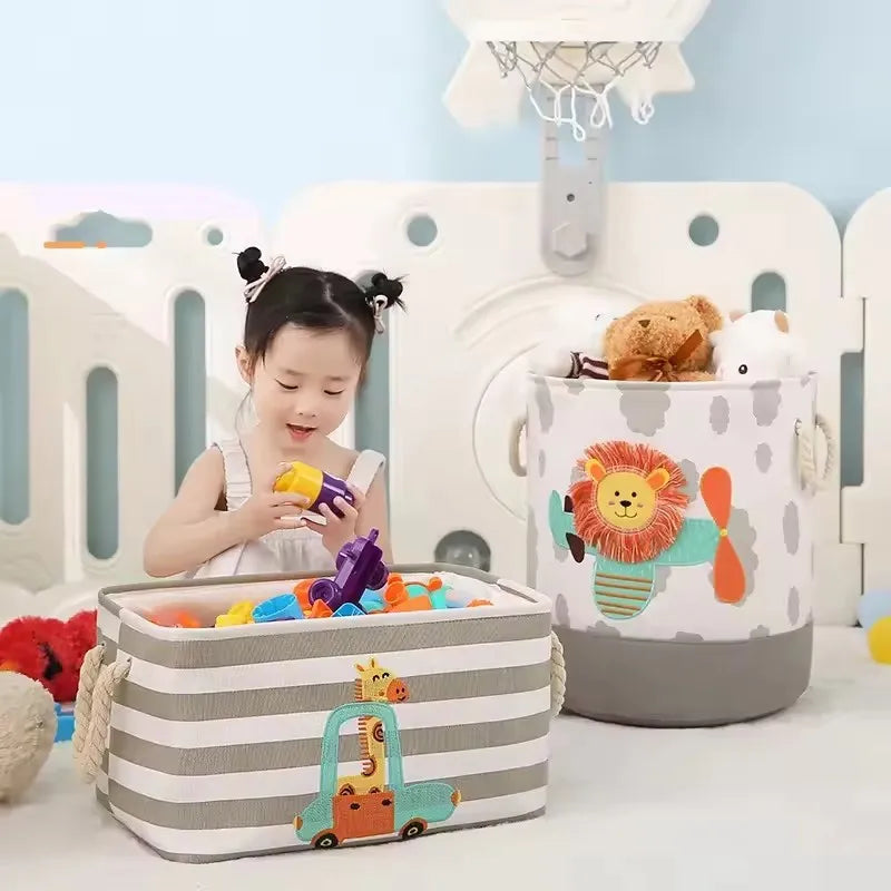 Cartoon Toy Storage Basket & Foldable Canvas Laundry Hamper, Collapsible Clothes Organizer Bin with Handles for Kids Room