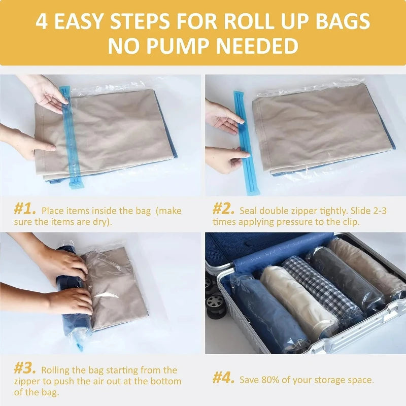 5 Pack Vacuum Compression Bags for Travel-Reusable Space Saving Storage No Pump Needed, Leak-Proof Organizer for Clothes&Luggage