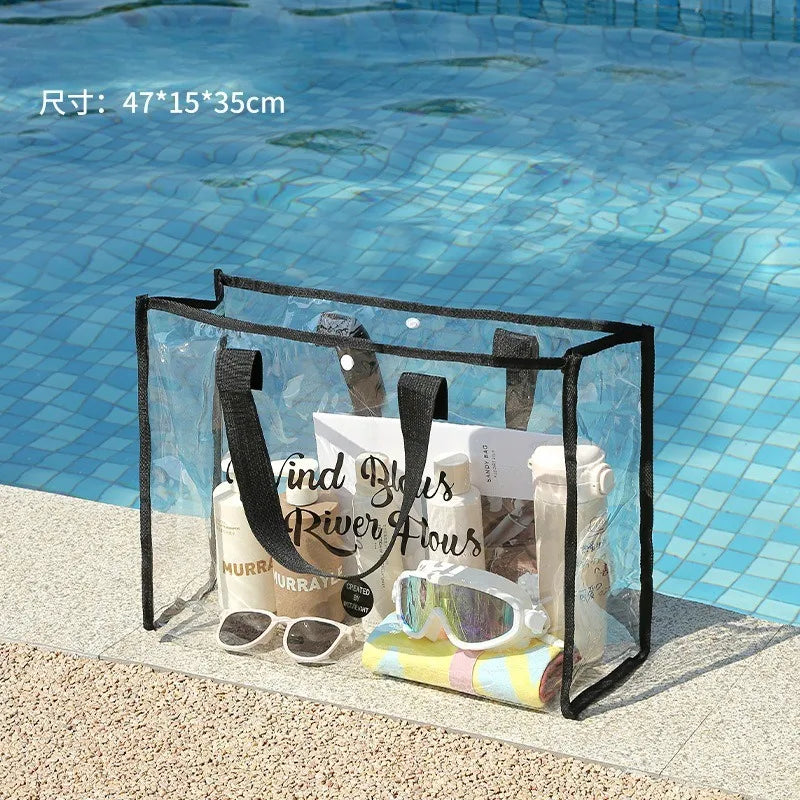 Foldable Clear Waterproof Swimming Bag Large Capacity Portable Beach Tote Handbag for Travel Clothes Toiletries Storage