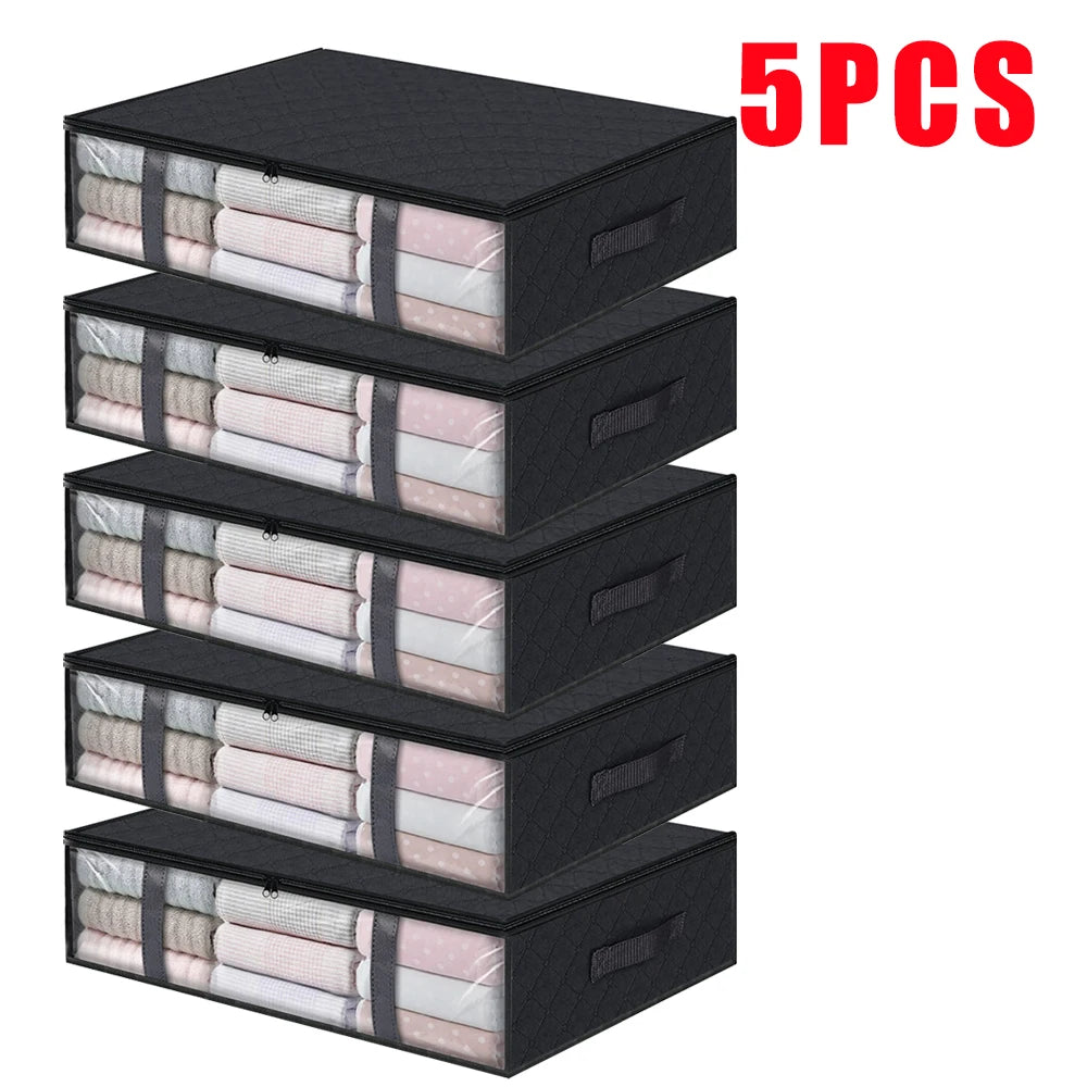 1/2/5pcs Under Bed Storage Bags, Transparent Quilt Organizer, Foldable Clothes Box, Washable Non-Woven Fabric, Space Saver