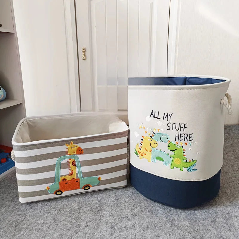 Cartoon Toy Storage Basket & Foldable Canvas Laundry Hamper, Collapsible Clothes Organizer Bin with Handles for Kids Room