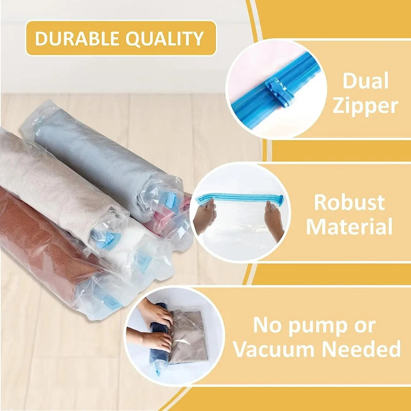 5 Pack Vacuum Compression Bags for Travel-Reusable Space Saving Storage No Pump Needed, Leak-Proof Organizer for Clothes&Luggage