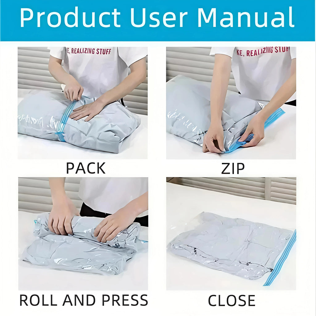 5 Pack Vacuum Compression Bags for Travel-Reusable Space Saving Storage No Pump Needed, Leak-Proof Organizer for Clothes&Luggage