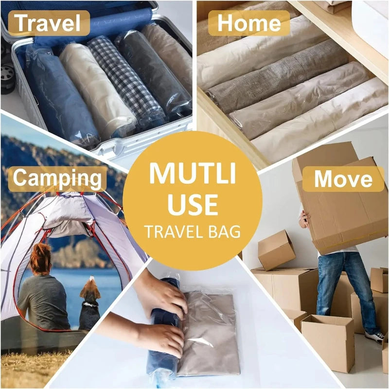 5 Pack Vacuum Compression Bags for Travel-Reusable Space Saving Storage No Pump Needed, Leak-Proof Organizer for Clothes&Luggage