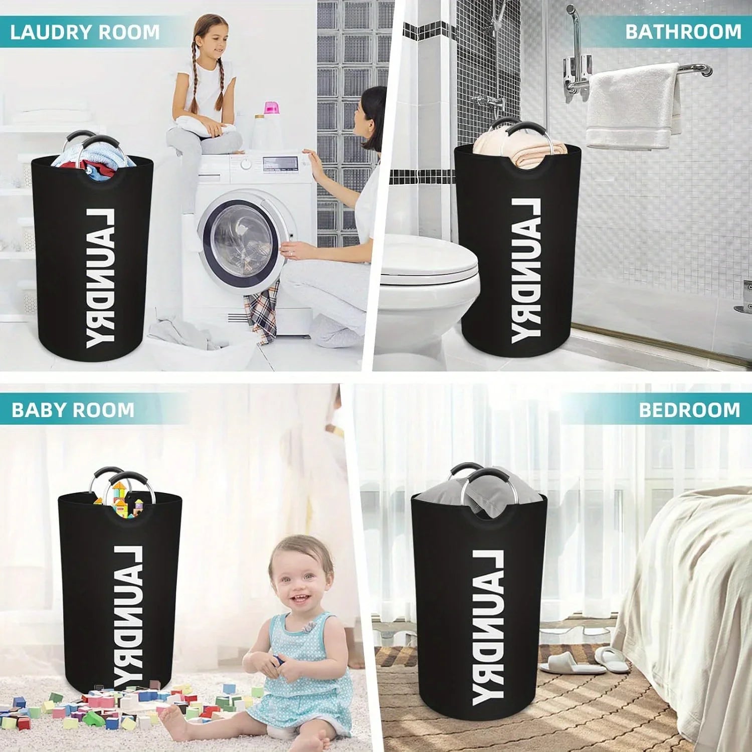 90L Black Large Laundry Basket, Collapsible Laundry Bag, Freestanding Tall Clothes Hamper, Foldable Washing Bin Storage Bag