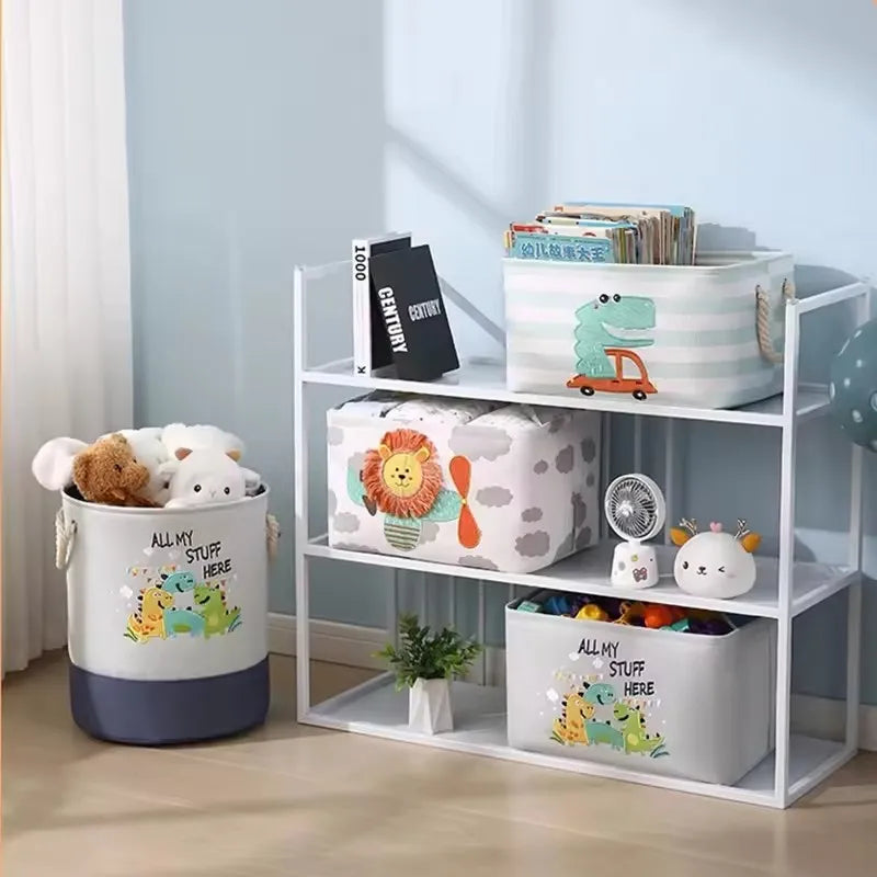 Cartoon Toy Storage Basket & Foldable Canvas Laundry Hamper, Collapsible Clothes Organizer Bin with Handles for Kids Room
