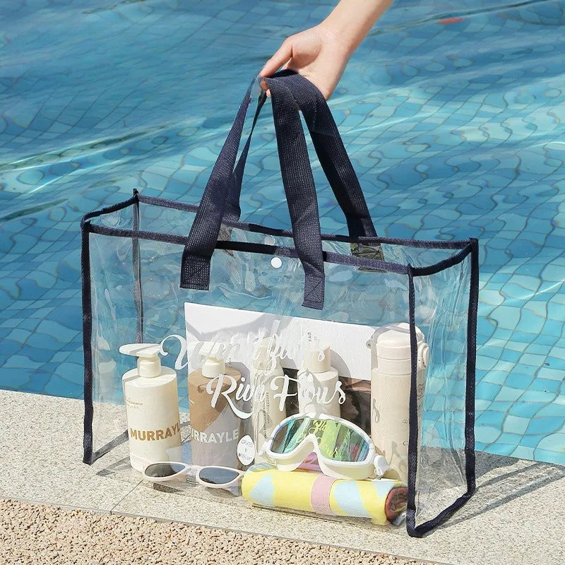 Foldable Clear Waterproof Swimming Bag Large Capacity Portable Beach Tote Handbag for Travel Clothes Toiletries Storage