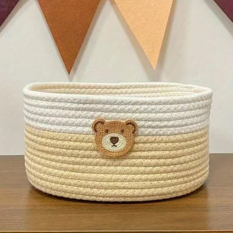 Cute Bear Fabric Storage Basket Woven Organizer Bin for Toys Clothes Home Bedroom Living Room Decorative Storage