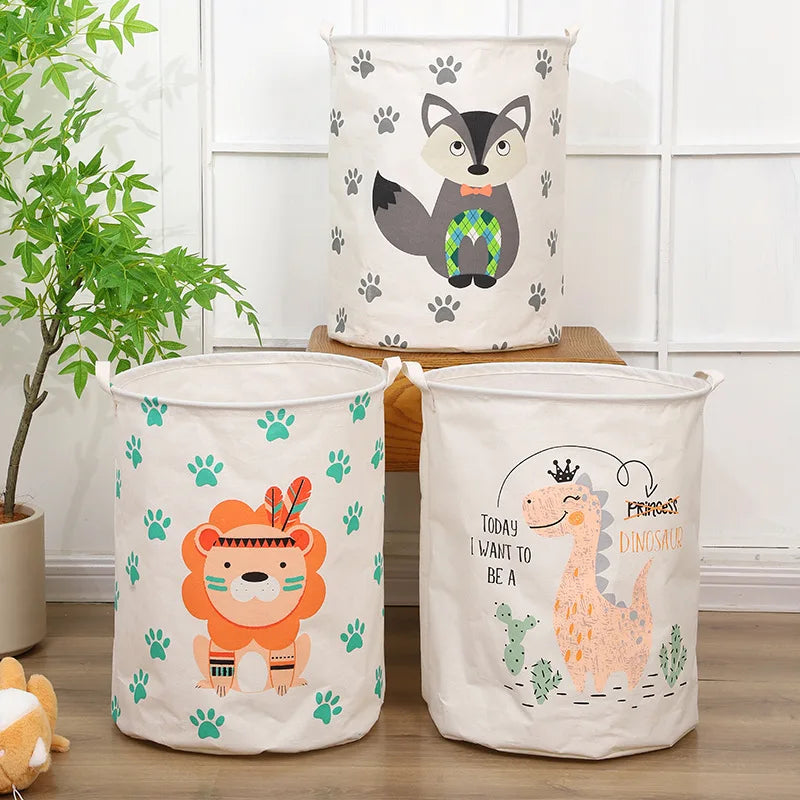 Animal Laundry Toys Organizer Basket Large Cartoon Canvas Barrel Basket Clothes Organizer Kids Toys Basket With Handle