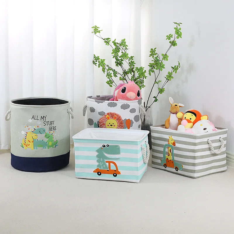 Cartoon Toy Storage Basket & Foldable Canvas Laundry Hamper, Collapsible Clothes Organizer Bin with Handles for Kids Room