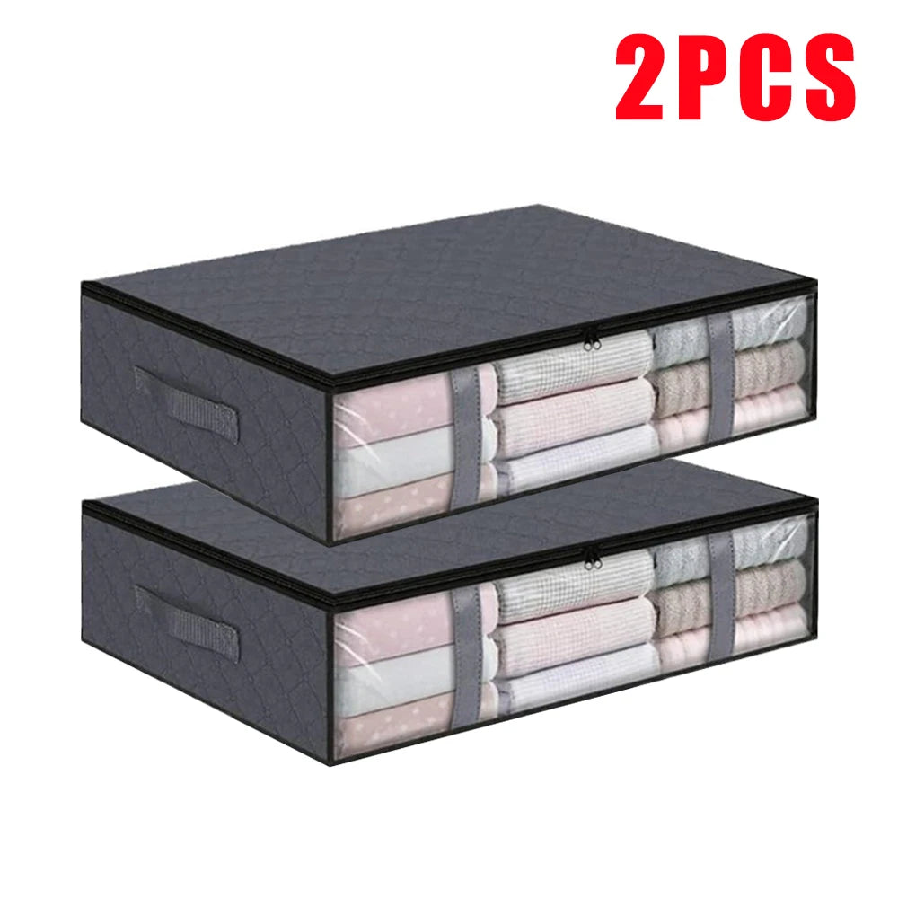 1/2/5pcs Under Bed Storage Bags, Transparent Quilt Organizer, Foldable Clothes Box, Washable Non-Woven Fabric, Space Saver
