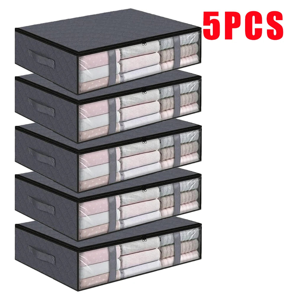 1/2/5pcs Under Bed Storage Bags, Transparent Quilt Organizer, Foldable Clothes Box, Washable Non-Woven Fabric, Space Saver