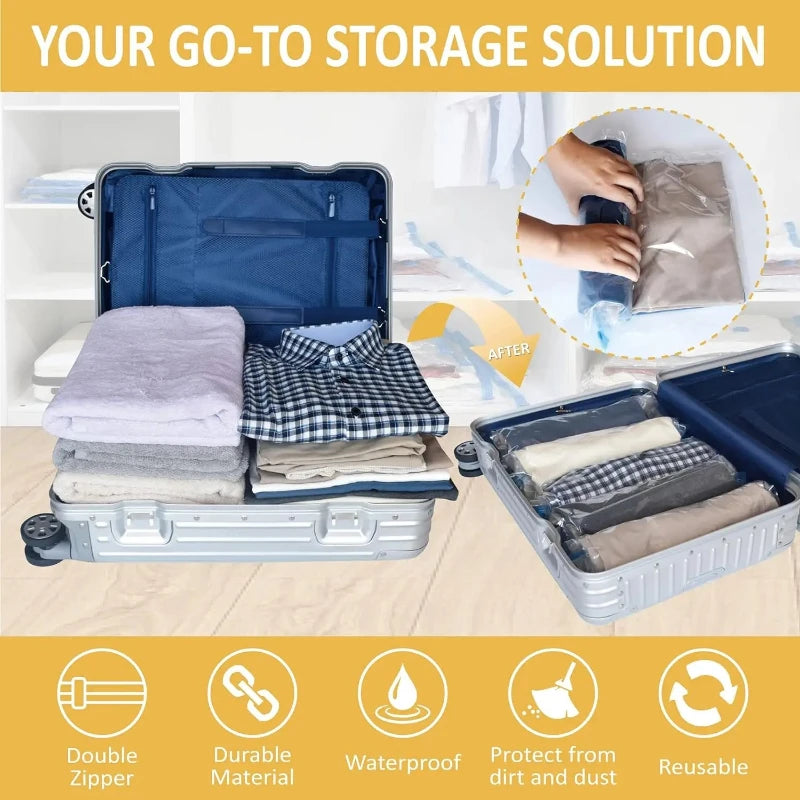5 Pack Vacuum Compression Bags for Travel-Reusable Space Saving Storage No Pump Needed, Leak-Proof Organizer for Clothes&Luggage