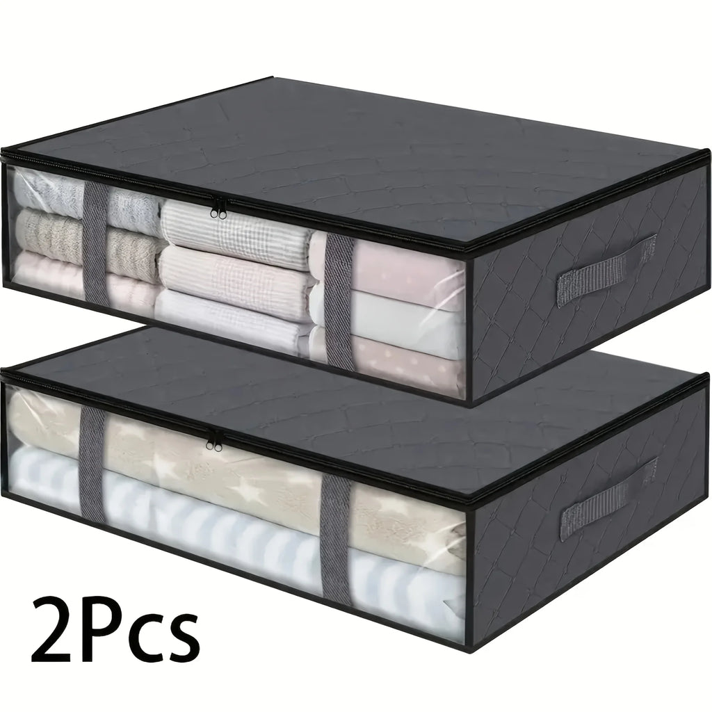 2pcs Large Under Bed Storage Bags Non-woven Clothes Organizer Clear Window Reinforced Handles for Comforters Blankets Bedding