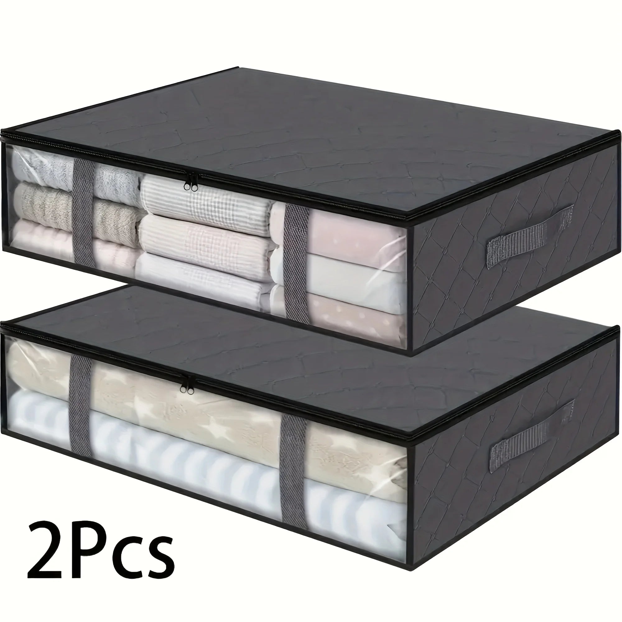 2pcs Large Under Bed Storage Bags Non-woven Clothes Organizer Clear Window Reinforced Handles for Comforters Blankets Bedding