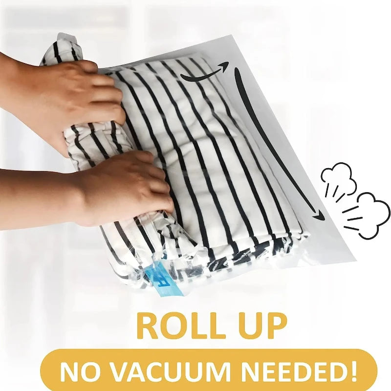 5 Pack Vacuum Compression Bags for Travel-Reusable Space Saving Storage No Pump Needed, Leak-Proof Organizer for Clothes&Luggage