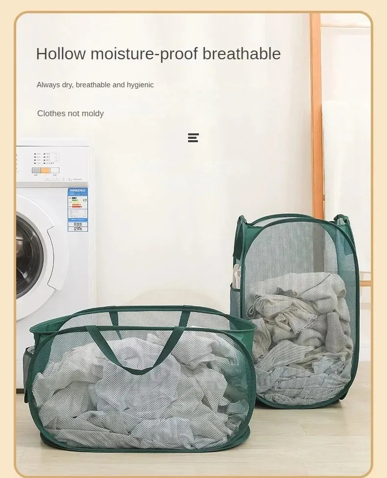 Durable Collapsible Laundry Basket, Mesh Pop Up Laundry Hamper With Side Pocket, Foldable Clothes Storage Hamper With Reinforced