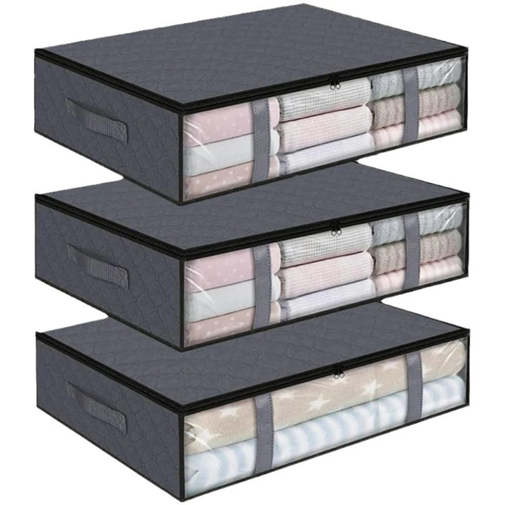1/2/5pcs Under Bed Storage Bags, Transparent Quilt Organizer, Foldable Clothes Box, Washable Non-Woven Fabric, Space Saver
